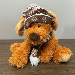 Hugfun International Winter Dog Plush Shaggy Brown Stuffed Animal Toy Hat Scarf